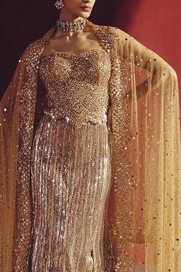 Gold Net Crystal Embellished Flared Skirt Set by SABE at Pernia's Pop Up Shop