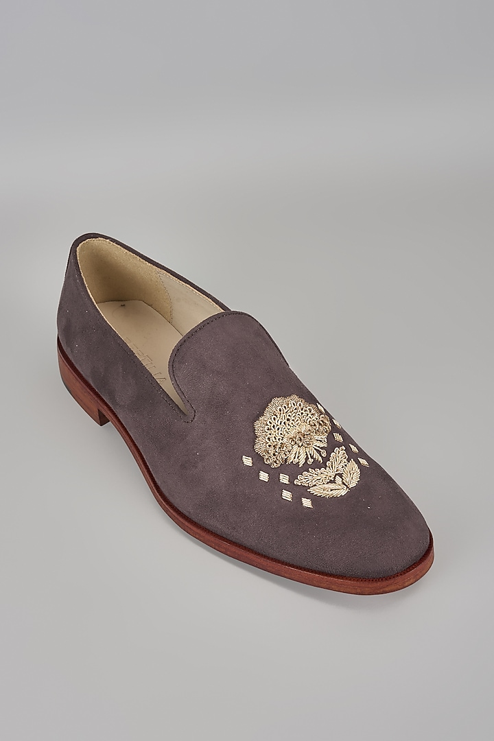 Brown Suede Hand Embroidered Loafers by SALIL BHATIA at Pernia's Pop Up Shop