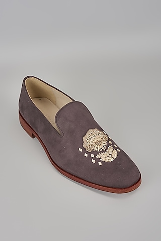 Brown Suede Hand Embroidered Loafers by SALIL BHATIA