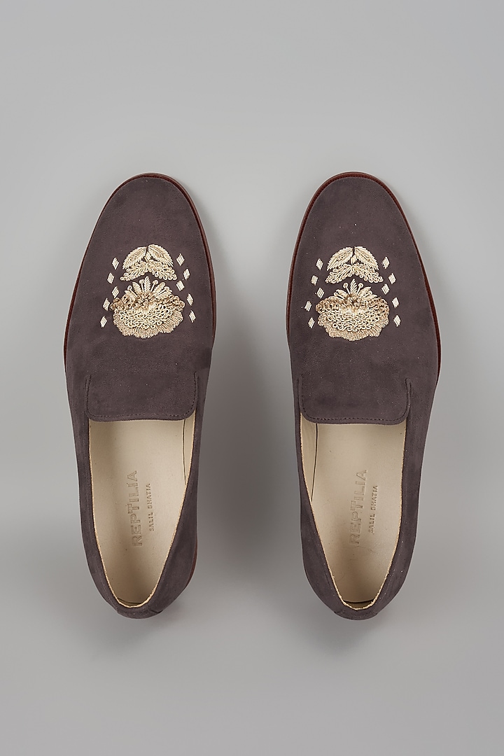Brown Suede Hand Embroidered Loafers by SALIL BHATIA at Pernia's Pop Up Shop