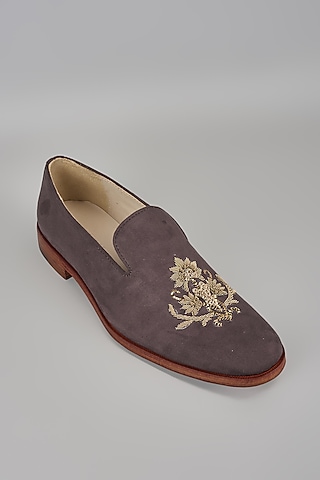 Brown Suede Hand Embroidered Loafers by SALIL BHATIA