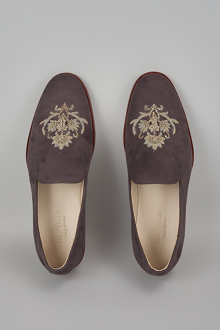 Brown Suede Hand Embroidered Loafers by SALIL BHATIA at Pernia's Pop Up Shop