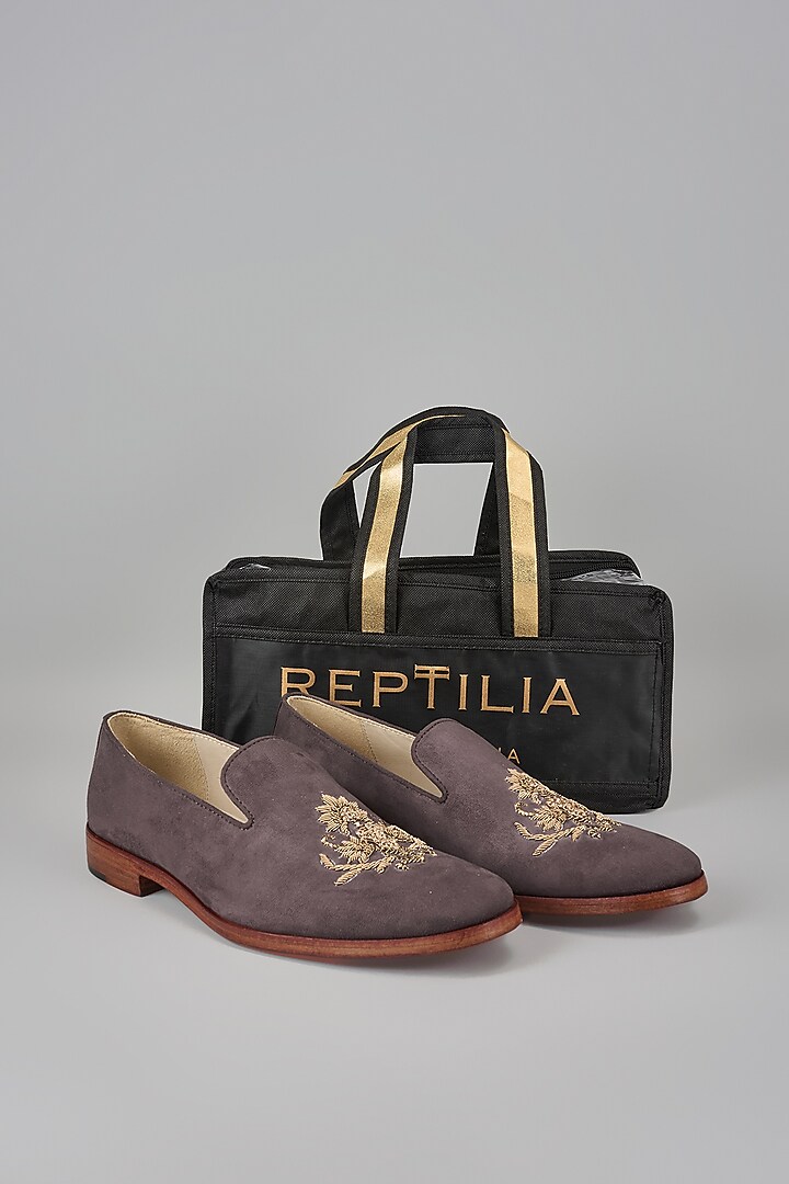 Brown Suede Hand Embroidered Loafers by SALIL BHATIA at Pernia's Pop Up Shop