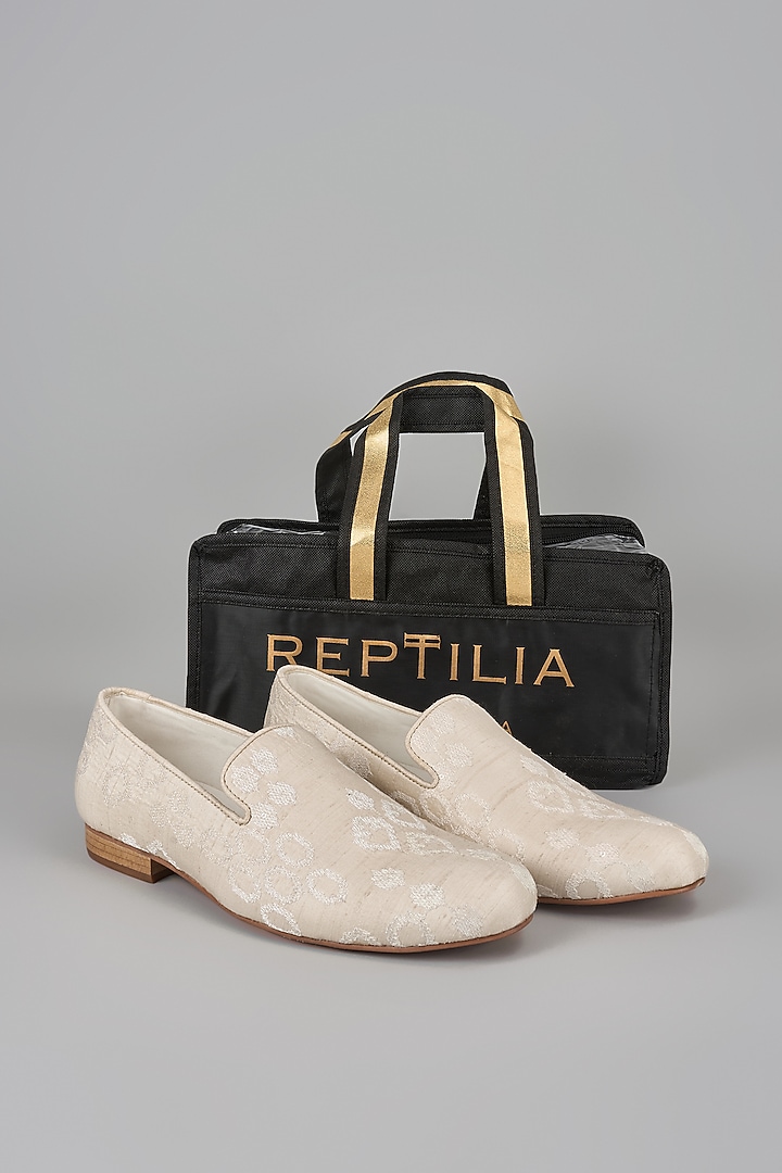 Ivory Raw Silk Zari Embellished Loafers by SALIL BHATIA at Pernia's Pop Up Shop
