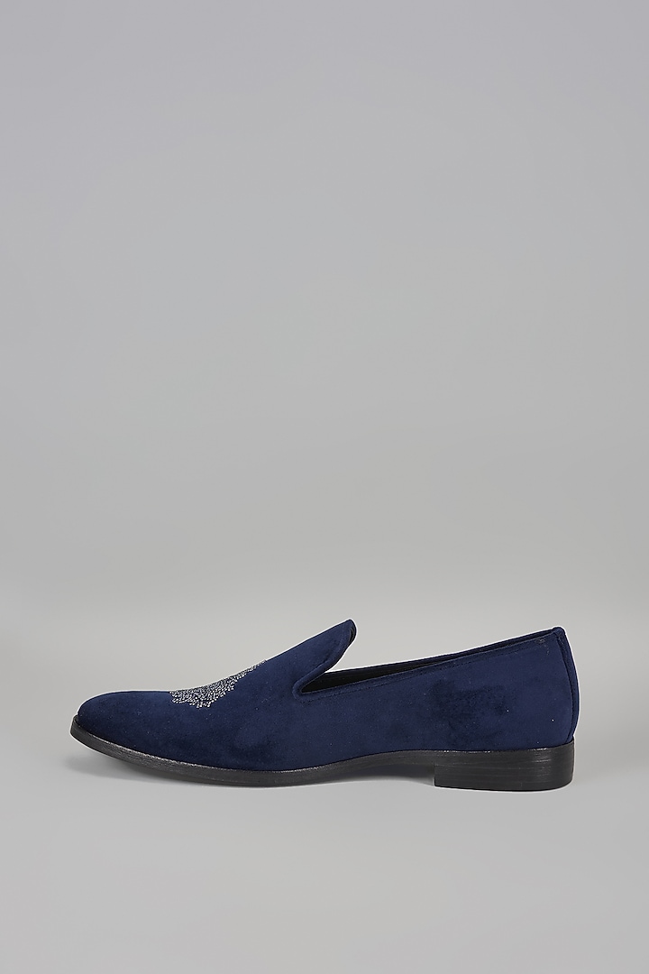 Midnight Blue Velvet Hand Embroidered Loafers by SALIL BHATIA at Pernia's Pop Up Shop