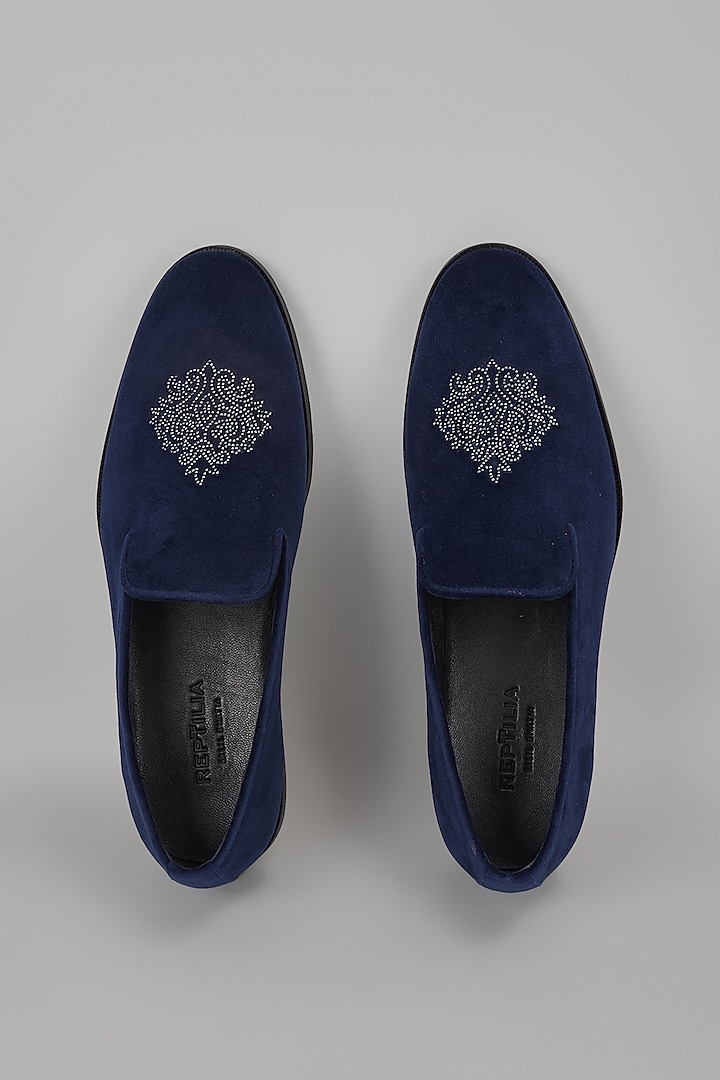 Midnight Blue Velvet Hand Embroidered Loafers by SALIL BHATIA at Pernia's Pop Up Shop