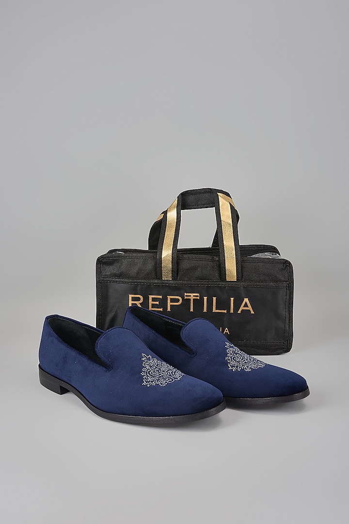 Midnight Blue Velvet Hand Embroidered Loafers by SALIL BHATIA at Pernia's Pop Up Shop