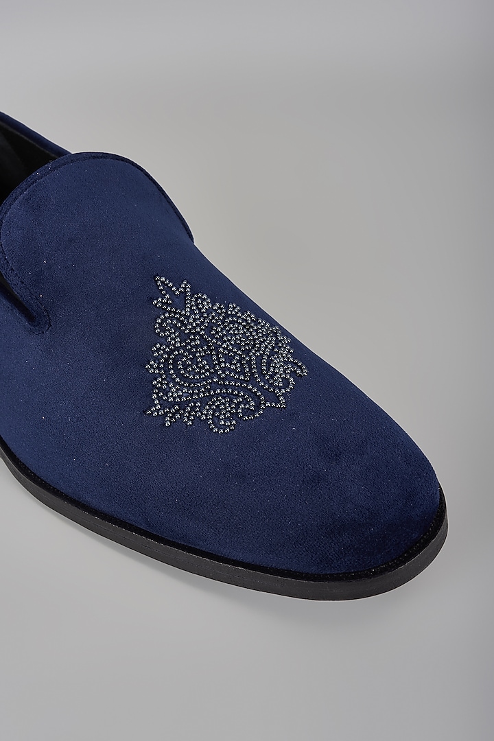 Midnight Blue Velvet Hand Embroidered Loafers by SALIL BHATIA at Pernia's Pop Up Shop