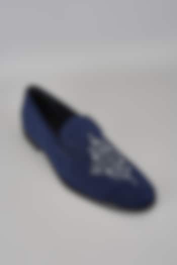 Navy Blue Velvet Hand Embroidered Loafers by SALIL BHATIA at Pernia's Pop Up Shop