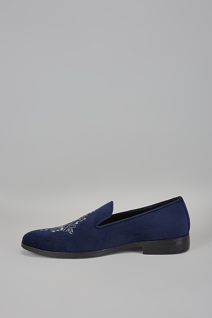 Navy Blue Velvet Hand Embroidered Loafers by SALIL BHATIA at Pernia's Pop Up Shop