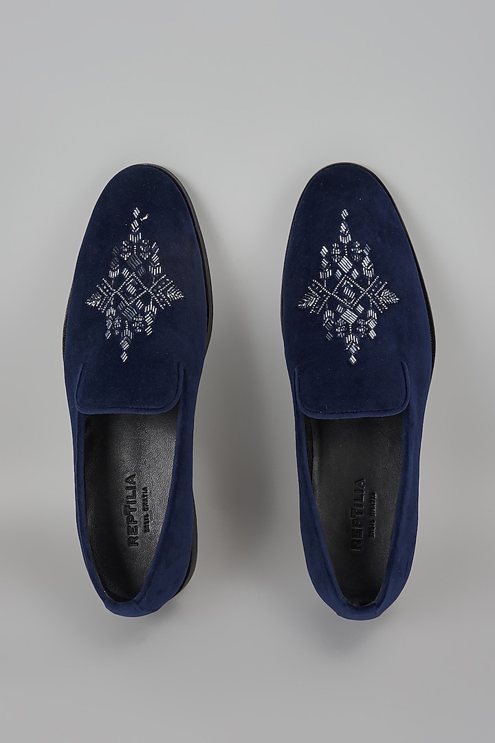 Navy Blue Velvet Hand Embroidered Loafers by SALIL BHATIA at Pernia's Pop Up Shop