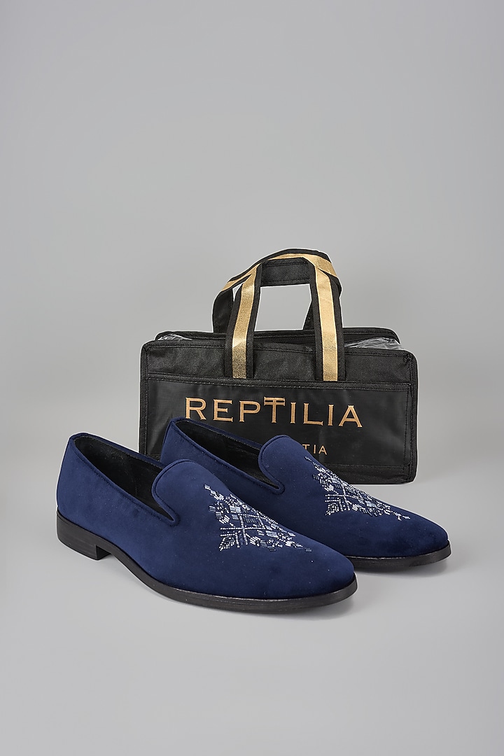 Navy Blue Velvet Hand Embroidered Loafers by SALIL BHATIA at Pernia's Pop Up Shop