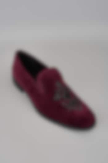 Wine Velvet Dabka Hand Embroidered Loafers by SALIL BHATIA at Pernia's Pop Up Shop