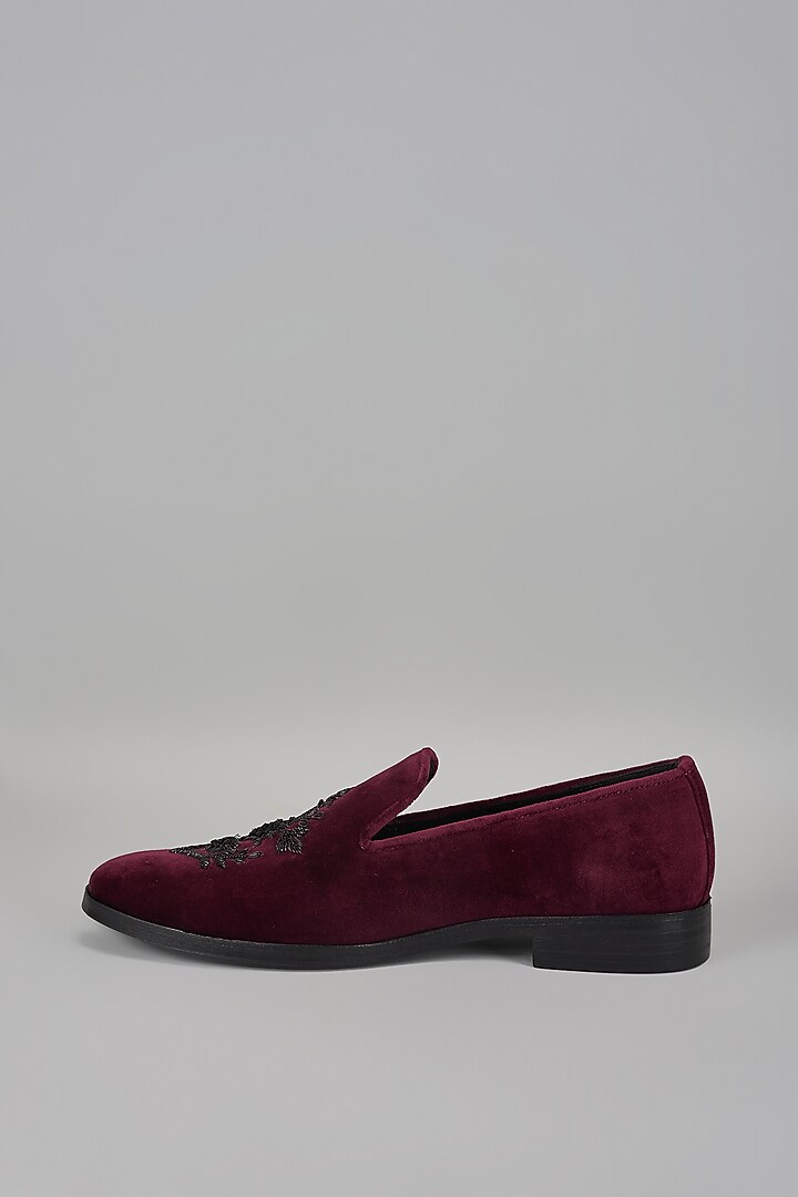 Wine Velvet Dabka Hand Embroidered Loafers by SALIL BHATIA at Pernia's Pop Up Shop