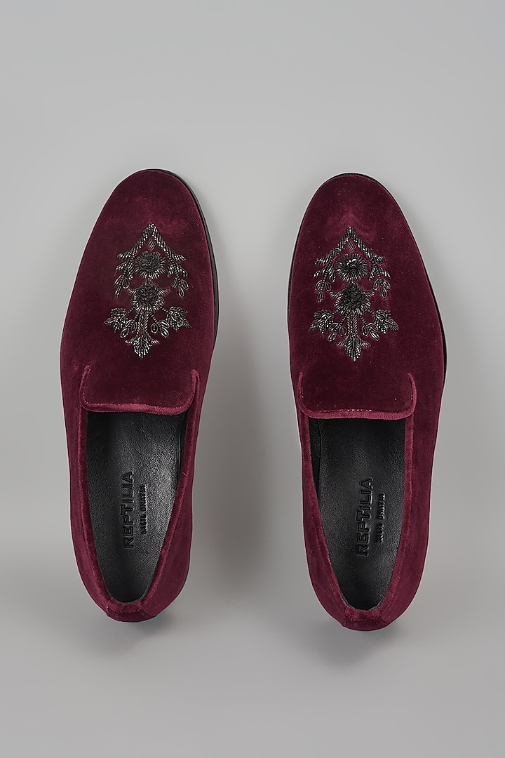 Wine Velvet Dabka Hand Embroidered Loafers by SALIL BHATIA at Pernia's Pop Up Shop
