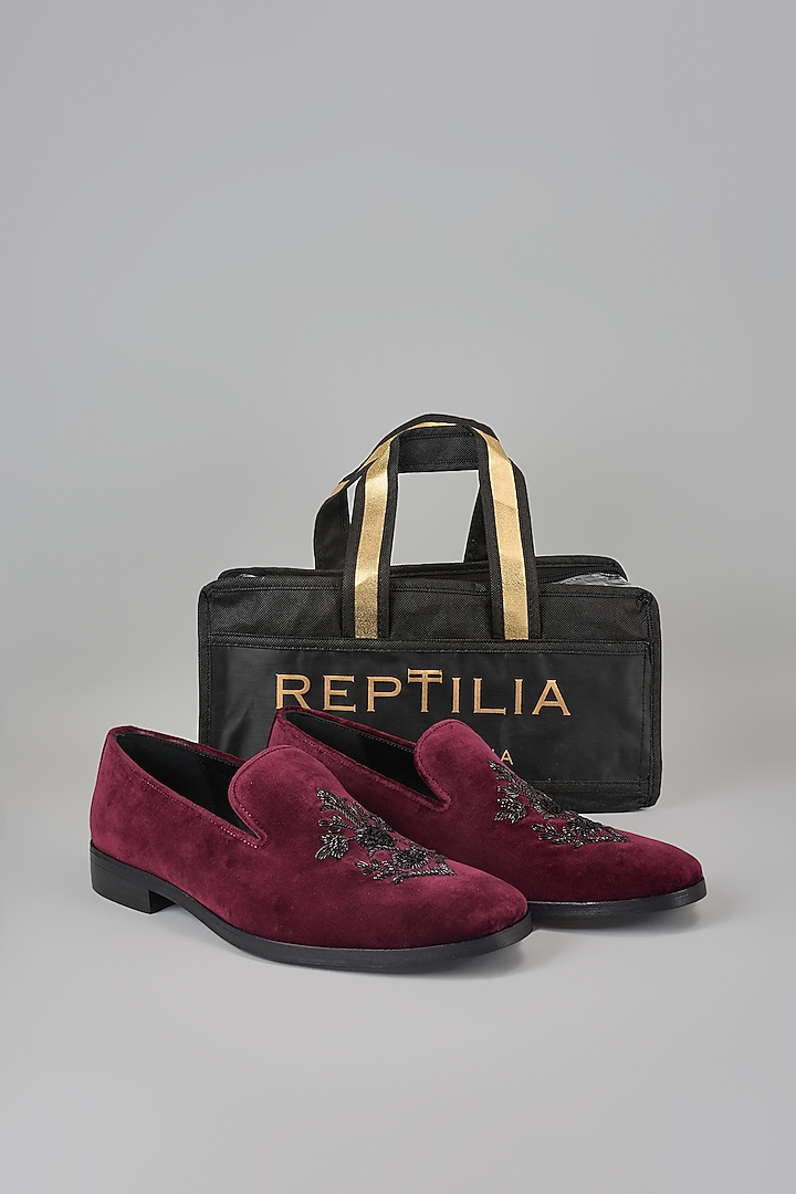 Wine Velvet Dabka Hand Embroidered Loafers by SALIL BHATIA at Pernia's Pop Up Shop