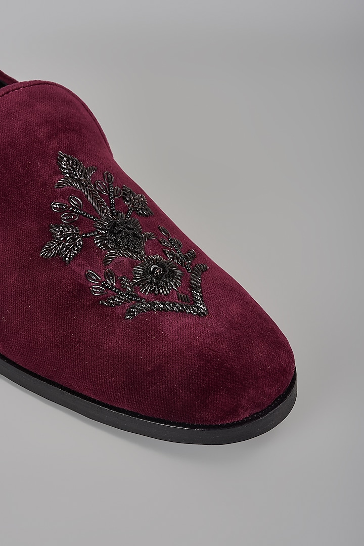 Wine Velvet Dabka Hand Embroidered Loafers by SALIL BHATIA at Pernia's Pop Up Shop