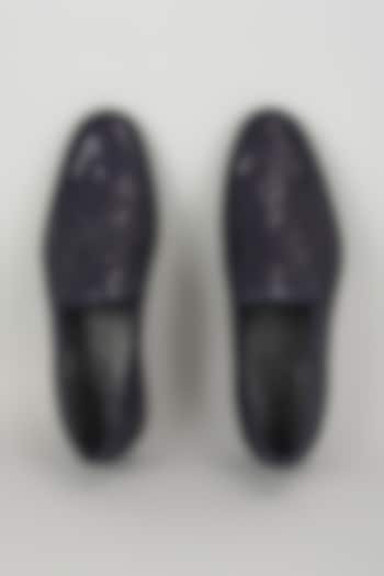 Navy Blue Leather Sequin Embellished Loafers by SALIL BHATIA at Pernia's Pop Up Shop