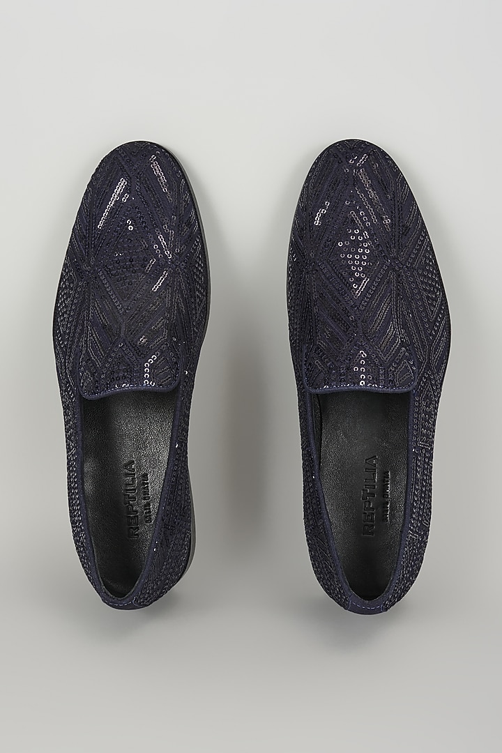 Navy Blue Leather Sequin Embellished Loafers by SALIL BHATIA at Pernia's Pop Up Shop