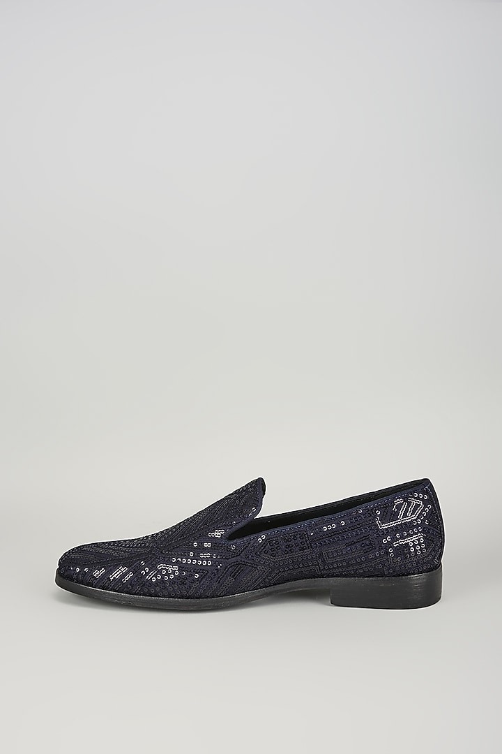 Navy Blue Leather Sequin Embellished Loafers by SALIL BHATIA at Pernia's Pop Up Shop