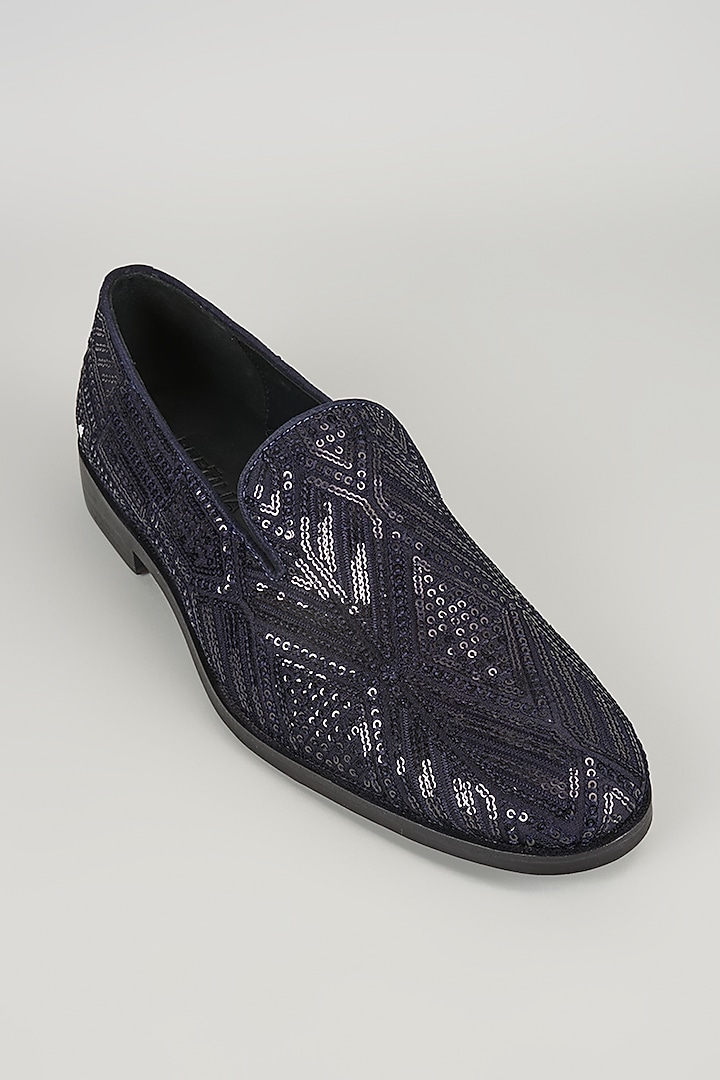 Navy Blue Leather Sequin Embellished Loafers by SALIL BHATIA at Pernia's Pop Up Shop
