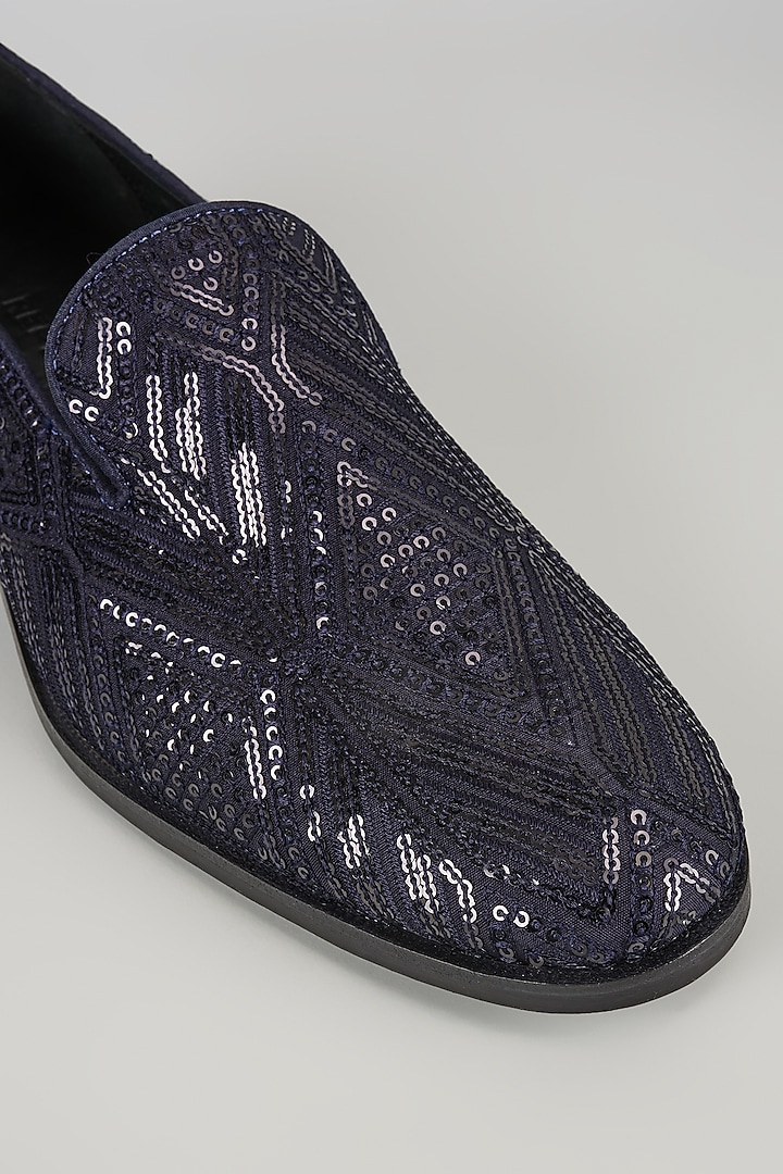 Navy Blue Leather Sequin Embellished Loafers by SALIL BHATIA at Pernia's Pop Up Shop