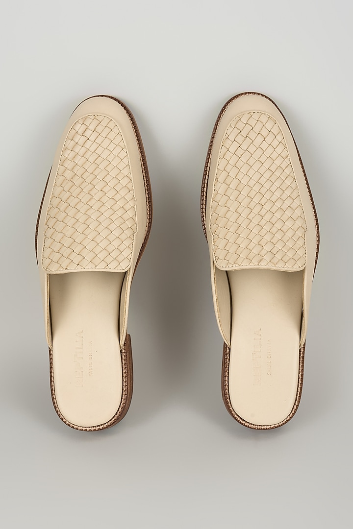 Beige Nude Leather Handwoven Mules by SALIL BHATIA at Pernia's Pop Up Shop