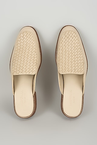Beige Nude Leather Handwoven Mules by SALIL BHATIA