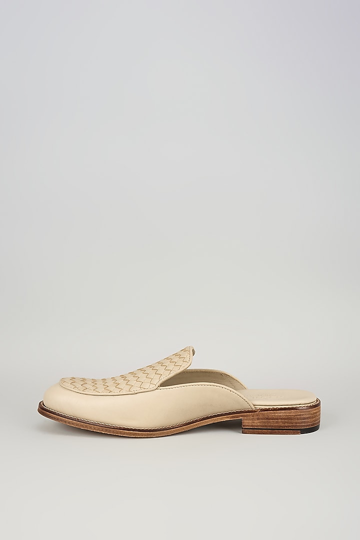 Beige Nude Leather Handwoven Mules by SALIL BHATIA at Pernia's Pop Up Shop