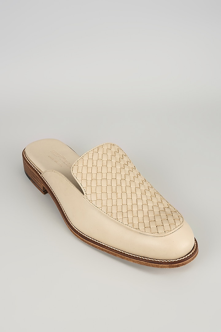 Beige Nude Leather Handwoven Mules by SALIL BHATIA at Pernia's Pop Up Shop