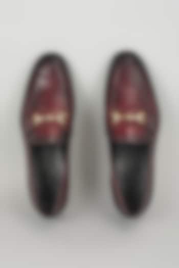 Deep Burgundy Croc Embossed Leather Loafers by SALIL BHATIA at Pernia's Pop Up Shop