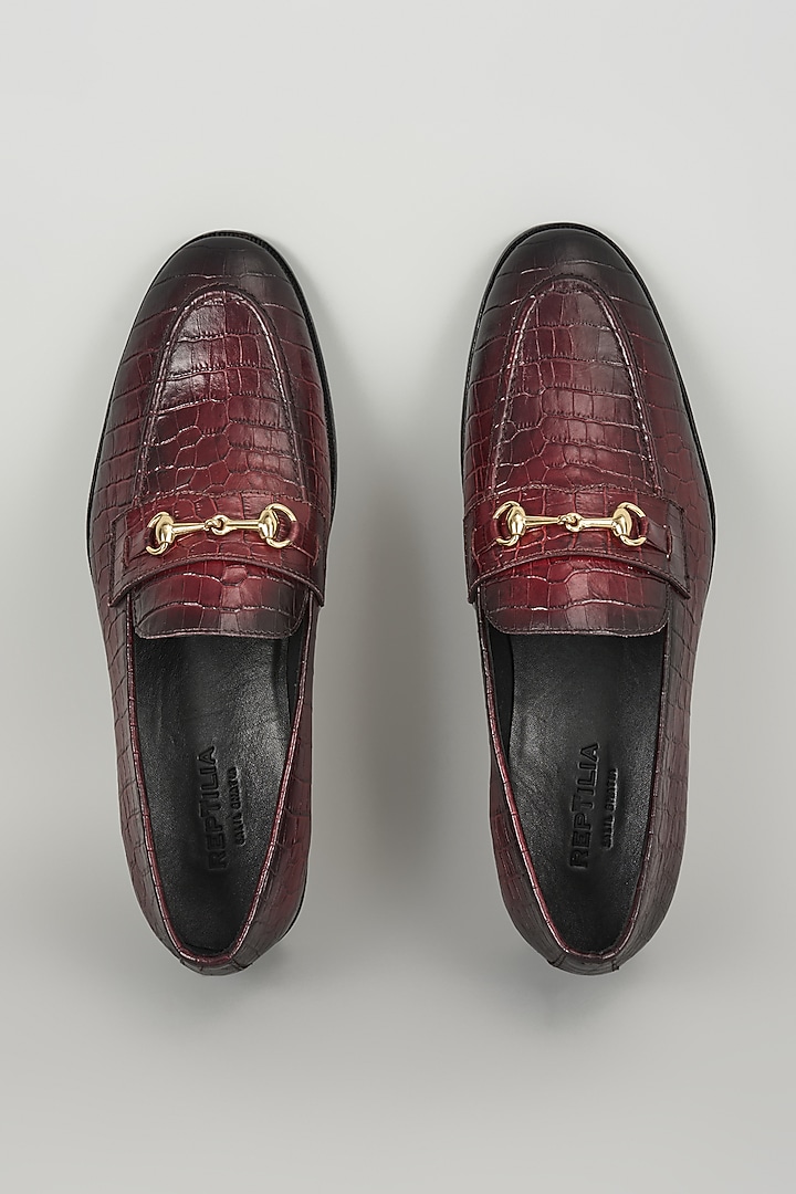 Deep Burgundy Croc Embossed Leather Loafers by SALIL BHATIA at Pernia's Pop Up Shop