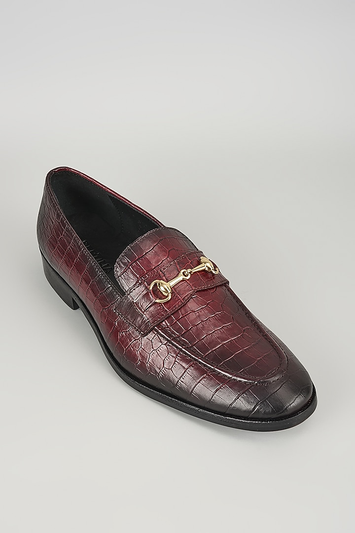 Deep Burgundy Croc Embossed Leather Loafers by SALIL BHATIA at Pernia's Pop Up Shop