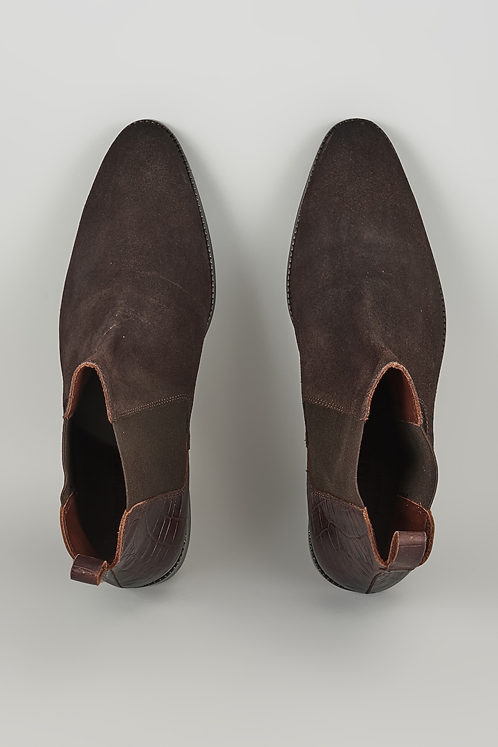 Brown Suede & Croc Embossed Leather Chelsea Boots by SALIL BHATIA at Pernia's Pop Up Shop