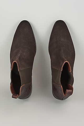 Brown Suede & Croc Embossed Leather Chelsea Boots by SALIL BHATIA