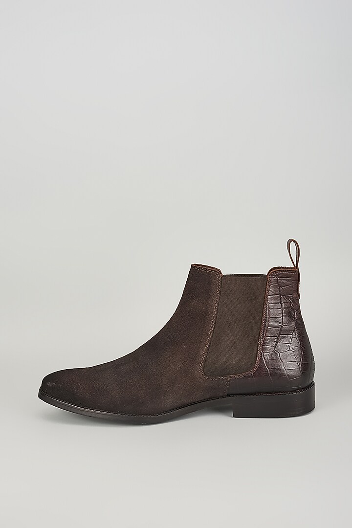 Brown Suede & Croc Embossed Leather Chelsea Boots by SALIL BHATIA at Pernia's Pop Up Shop