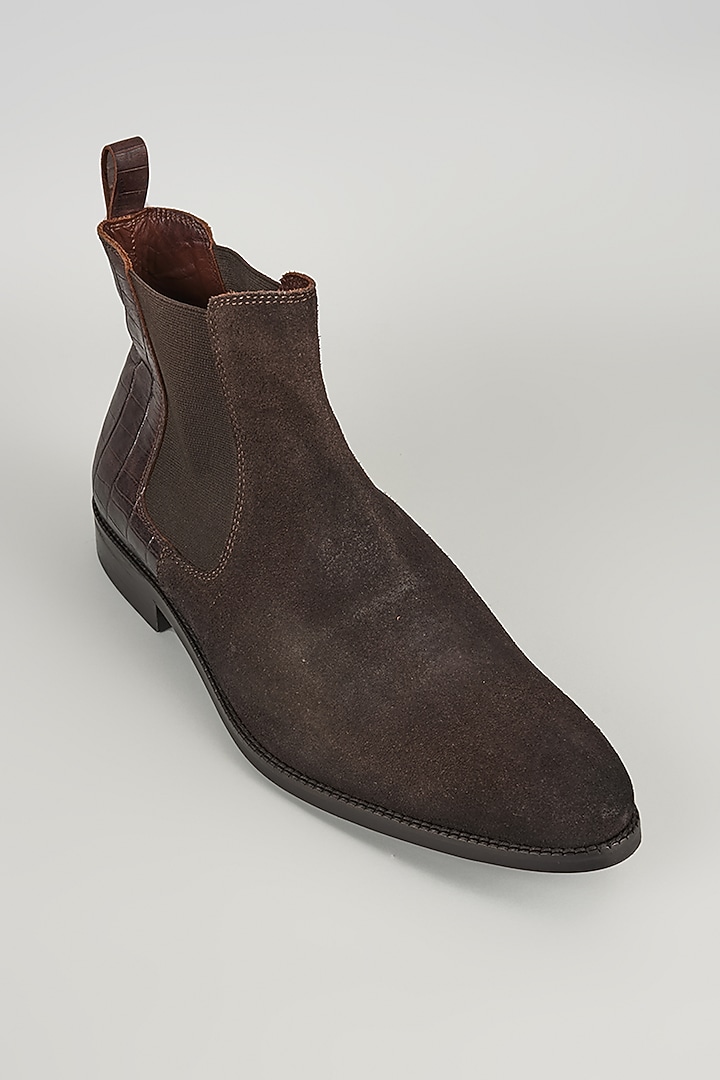 Brown Suede & Croc Embossed Leather Chelsea Boots by SALIL BHATIA at Pernia's Pop Up Shop