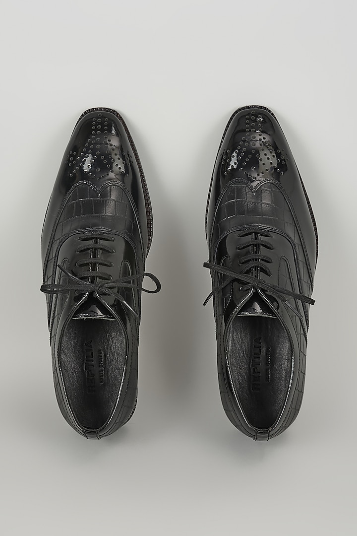 Black Patent Croc Embossed Leather Wingtip Oxford Shoes by SALIL BHATIA at Pernia's Pop Up Shop