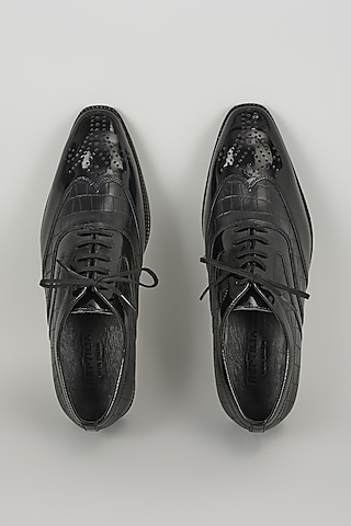 Black Patent Croc Embossed Leather Wingtip Oxford Shoes by SALIL BHATIA