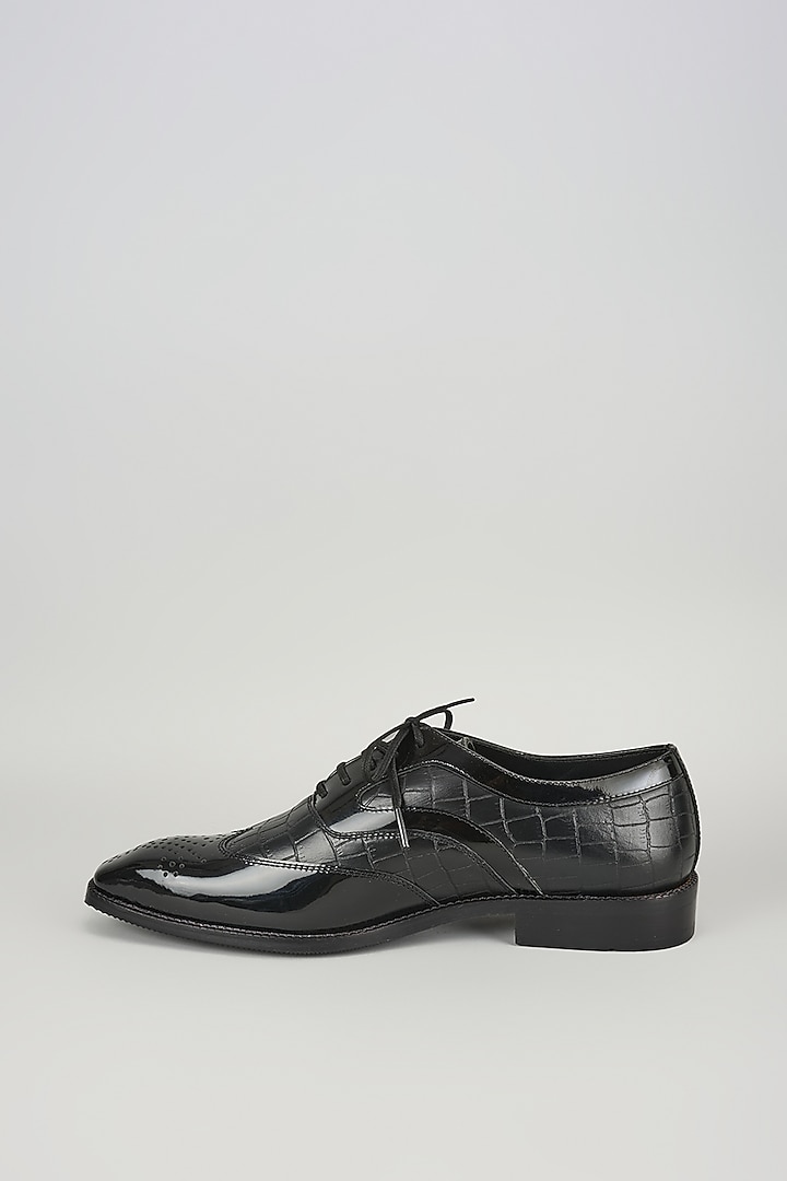 Black Patent Croc Embossed Leather Wingtip Oxford Shoes by SALIL BHATIA at Pernia's Pop Up Shop