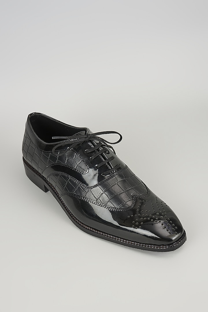 Black Patent Croc Embossed Leather Wingtip Oxford Shoes by SALIL BHATIA at Pernia's Pop Up Shop