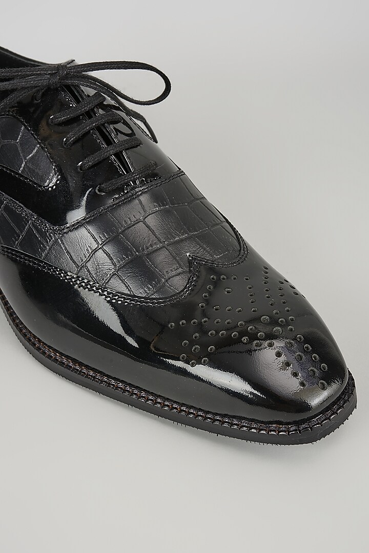 Black Patent Croc Embossed Leather Wingtip Oxford Shoes by SALIL BHATIA at Pernia's Pop Up Shop