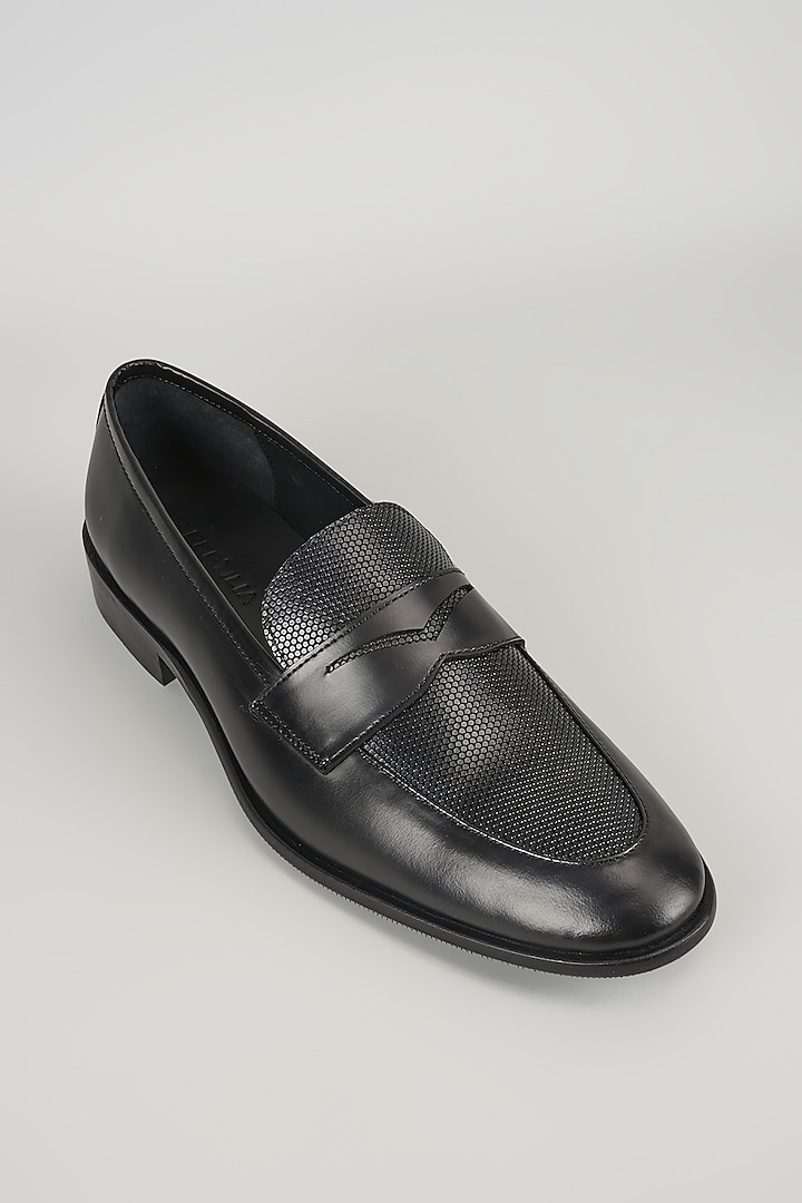 Black Leather Penny Loafer Shoes by SALIL BHATIA at Pernia's Pop Up Shop