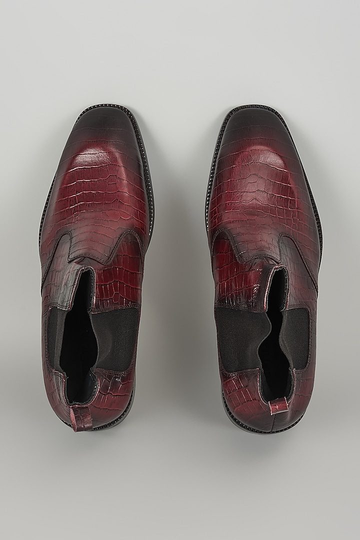 Burgundy Croc Embossed Leather Chelsea Boots by SALIL BHATIA at Pernia's Pop Up Shop