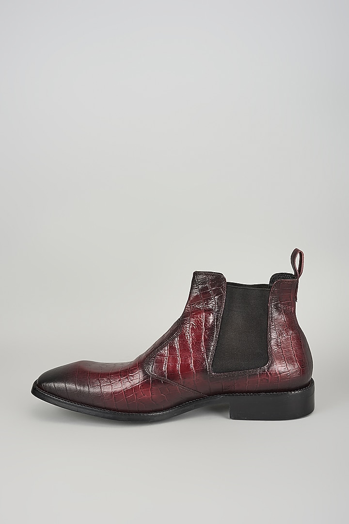 Burgundy Croc Embossed Leather Chelsea Boots by SALIL BHATIA at Pernia's Pop Up Shop