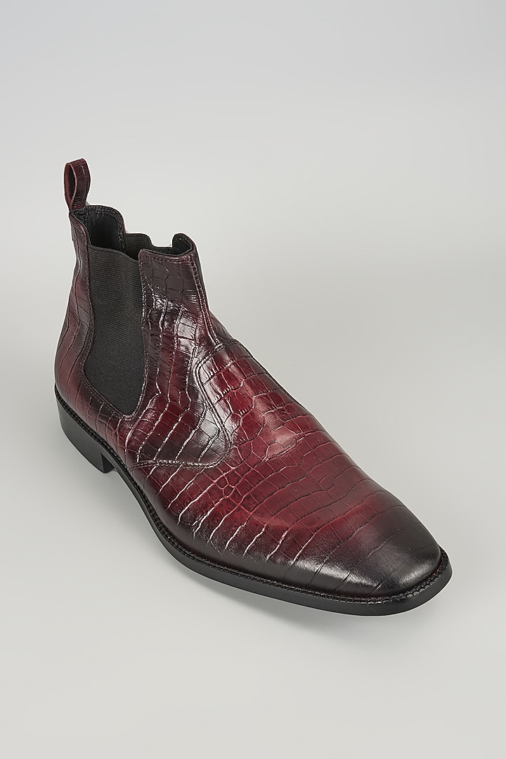Burgundy Croc Embossed Leather Chelsea Boots by SALIL BHATIA at Pernia's Pop Up Shop