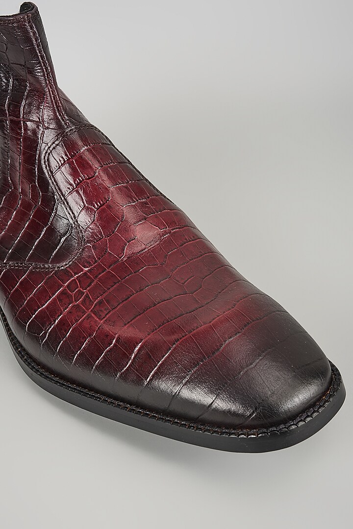 Burgundy Croc Embossed Leather Chelsea Boots by SALIL BHATIA at Pernia's Pop Up Shop