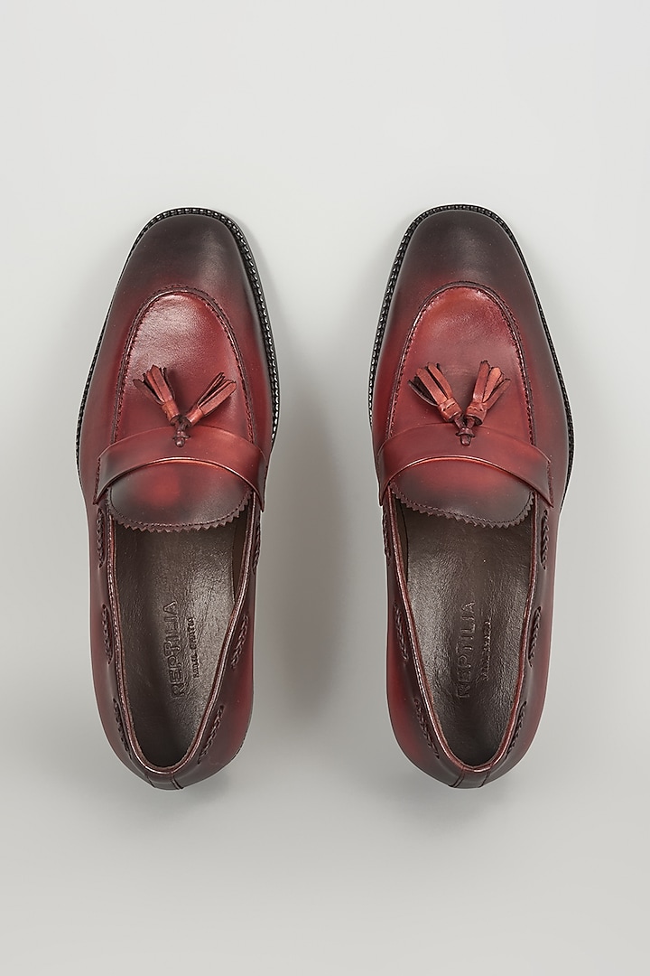 Red Full-Grain Leather Hand-Dyed Tassel Loafers by SALIL BHATIA at Pernia's Pop Up Shop