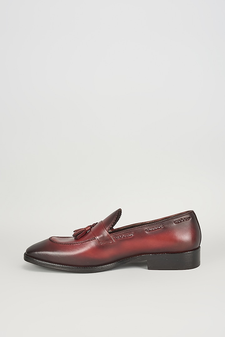 Red Full-Grain Leather Hand-Dyed Tassel Loafers by SALIL BHATIA at Pernia's Pop Up Shop