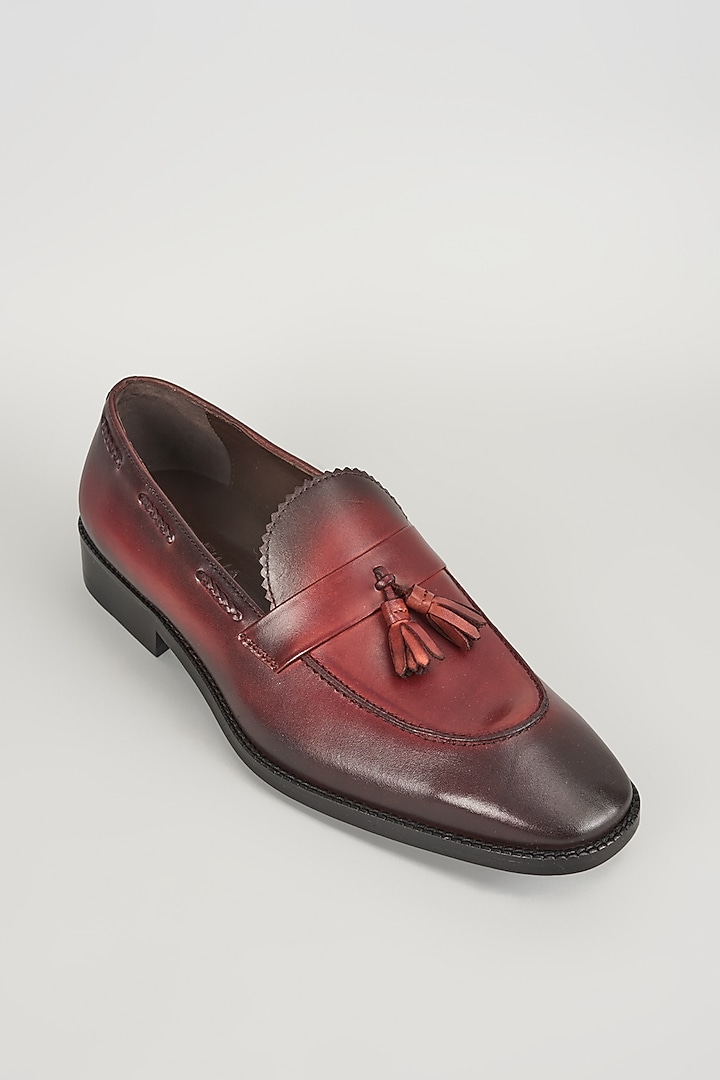 Red Full-Grain Leather Hand-Dyed Tassel Loafers by SALIL BHATIA at Pernia's Pop Up Shop